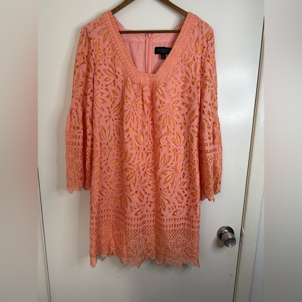 Laundry by Shelli Segal Los Angeles peach & pink lace bell sleeve mini dress 8